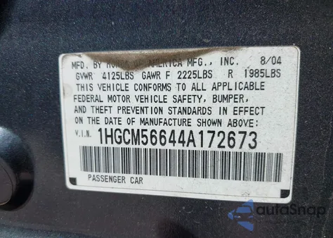 2004 Honda Accord 2.4 Ex из США, поврежденный, VIN 1HGCM56644A172673